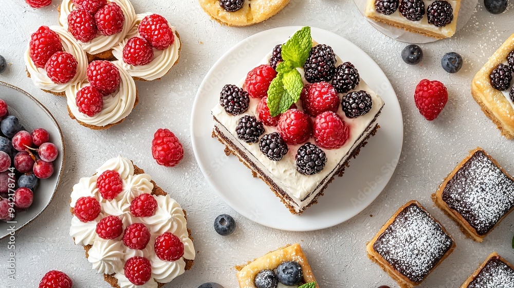 A white plate holds a cake, while nearby raspberries and desserts are also displayed A white plate holds a cake, while nearby raspberries and desserts are also displayed