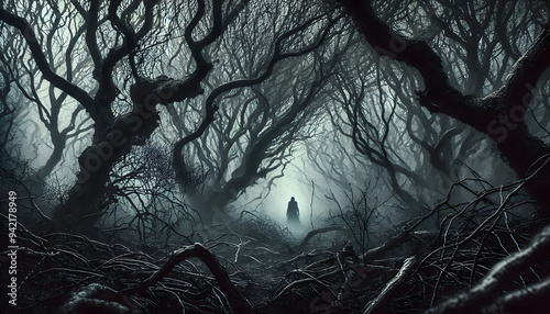 Dark Foggy Spooky Mystical Forest with Twisted Trees photo