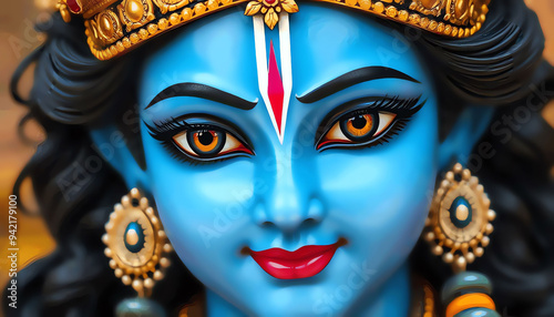 Closeup portrait of Hindu god Lord Krishna with blue skin and beautiful jewelry. Krishna Janmashtami, Govardhan Puja, Vishu Kani. Indian religious festival. Banner, poster, card with copy space photo