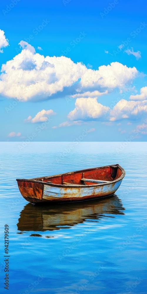Naklejka premium Lonely boat floating on calm waters under a clear blue sky