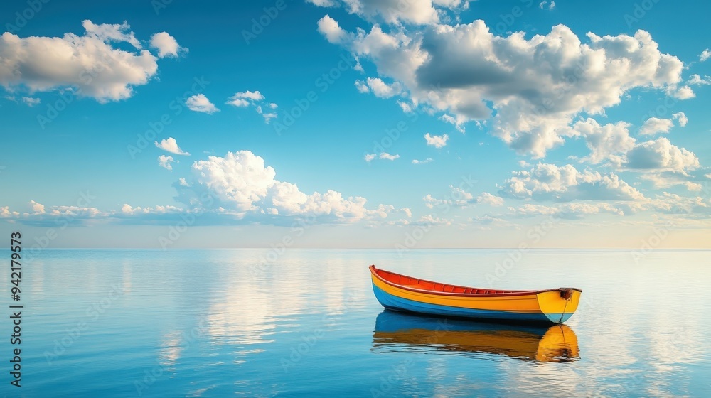 Brightly colored boat floating on calm water under a clear blue sky Brightly colored boat floating on calm water under a clear blue sky