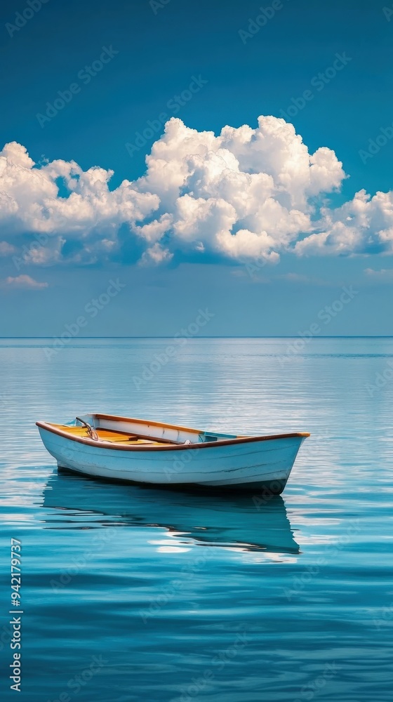 Solitary boat gently floats on tranquil waters under a bright sky Solitary boat gently floats on tranquil waters under a bright sky