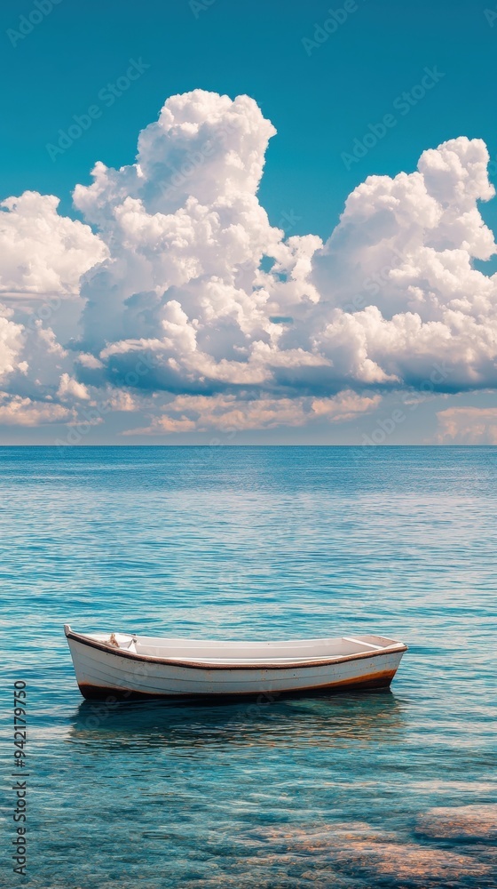 Serene small boat floating in calm waters under a blue sky Serene small boat floating in calm waters under a blue sky