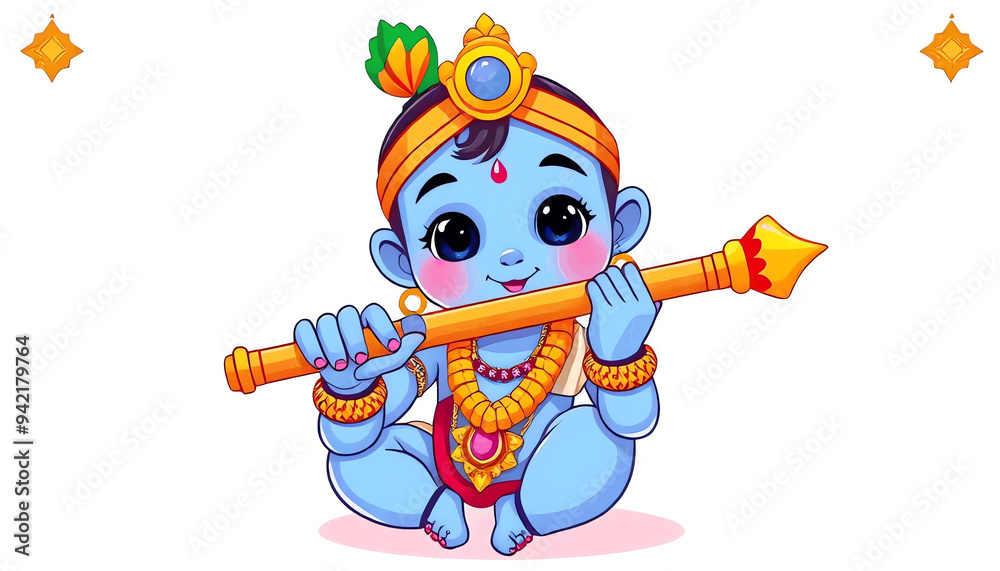  Cute little baby lord krishna playing flute. Cartoon character Hindu Illustration 