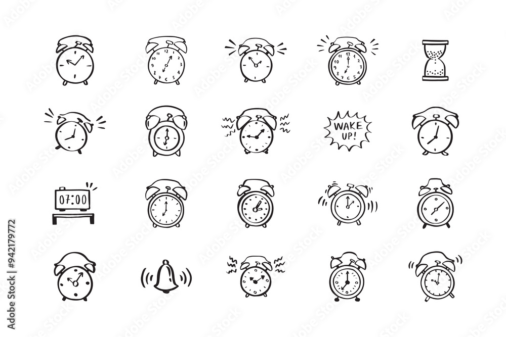 Fototapeta premium Hand drawn doodle alarm. different alarm