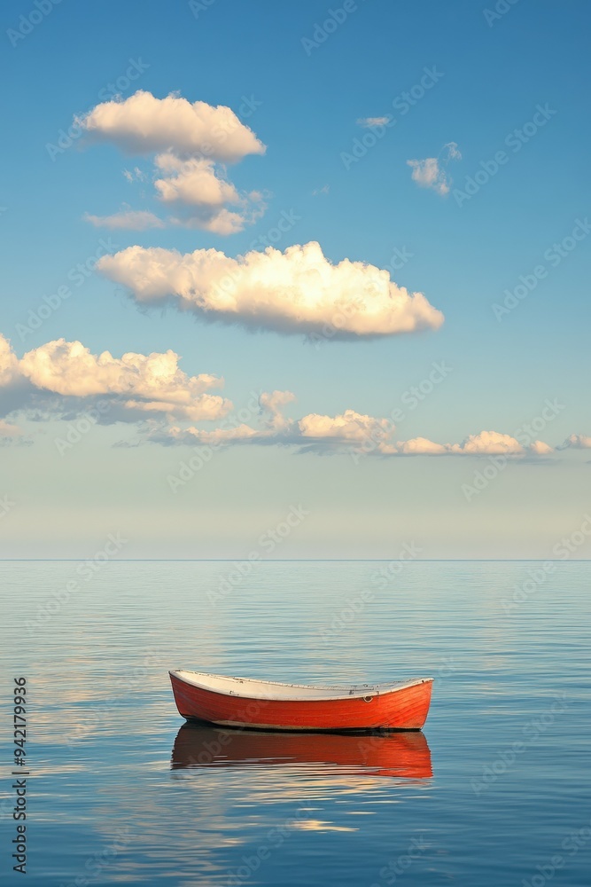 A lone red boat floating on calm waters under a blue sky with clouds A lone red boat floating on calm waters under a blue sky with clouds