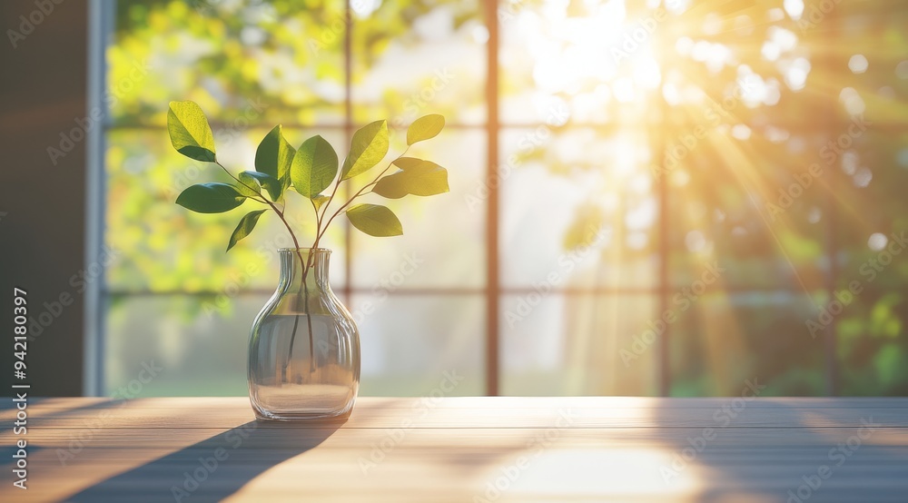 A stylish Scandinavian design includes an elegant glass vase filled with vibrant green leaves, bathed in warm sunlight, creating a serene and inviting atmosphere for relaxation and comfort