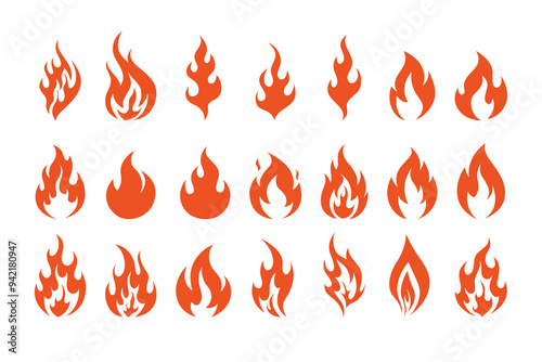 Fire symbols isolated icon flat set on white background. Blaze silhouette element