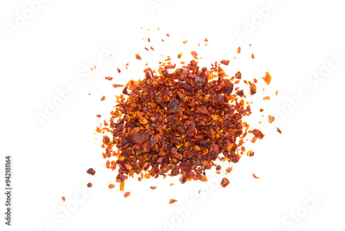 Fototapeta Naklejka Na Ścianę i Meble -  Chilli pepper flakes isolated on a transparent background. Top view, flat lay.