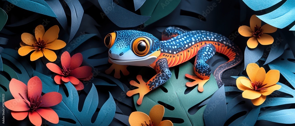 Adorable paper gecko in a vibrant jungle, surrounded by leaves and flowers, colorful and lively Adorable paper gecko in a vibrant jungle, surrounded by leaves and flowers, colorful and lively