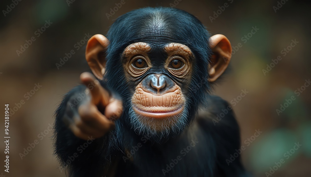 Closeup of a chimpanzee pointing, expressive eyes fixed ahead Closeup of a chimpanzee pointing, expressive eyes fixed ahead