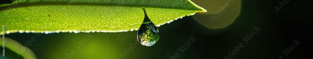 Fototapeta premium Morning dew on a green leaf captured in vibrant sunlight
