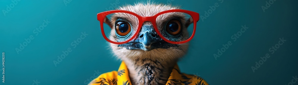 Obraz premium Emu in red glasses and a yellow Hawaiian shirt, posing against a teal background with a playful look