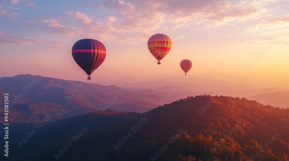 Overlooking a peak at Dot Inthanon in Chiang Mai, Thailand, are colorful hot air balloon flights. Overlooking a peak at Dot Inthanon in Chiang Mai, Thailand, are colorful hot air balloon flights.