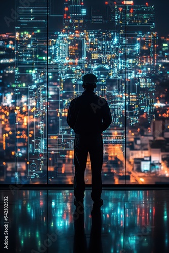 Engineer silhouetted against a large digital screen of electrical infrastructure, hightech control room setting