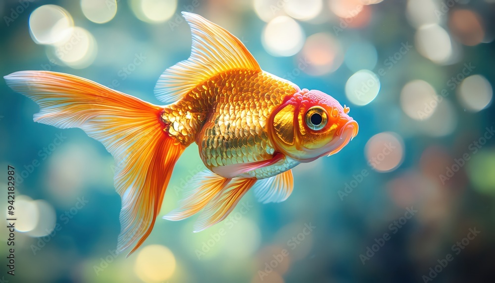 Goldfish CloseUp Bright goldfish swimming, detailed scales shimmering in an aquarium