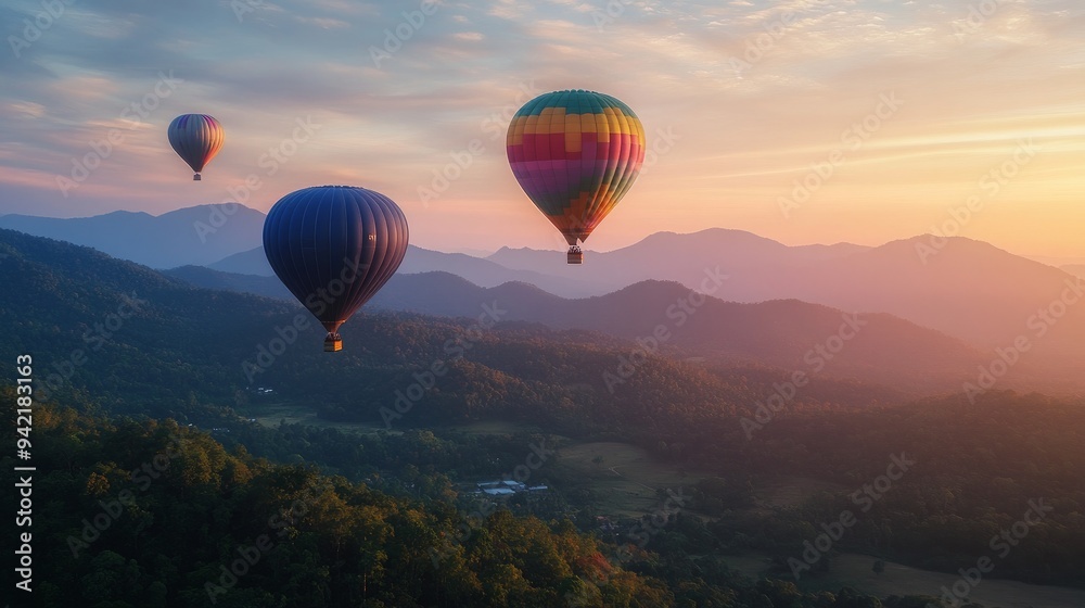 Fototapeta premium Overlooking a peak at Dot Inthanon in Chiang Mai, Thailand, are colorful hot air balloon flights.