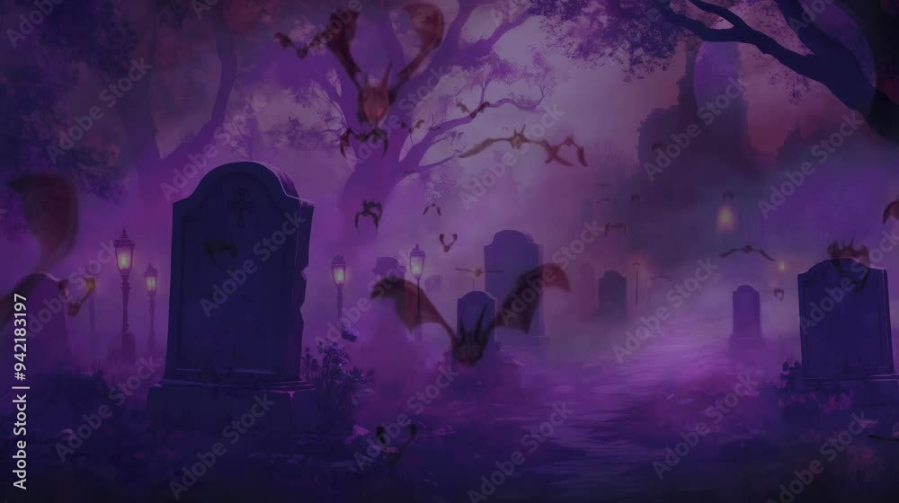 Creepy scene in a cemetery with fog, old tombstones and twisted branches, softly glowing lanterns illuminating the paths, bats flying in the fog, a chilling atmosphere.
