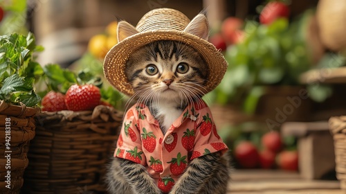 Kitten in a strawberrythemed shirt and straw hat, sitting on a wooden floor, with a curious expression photo