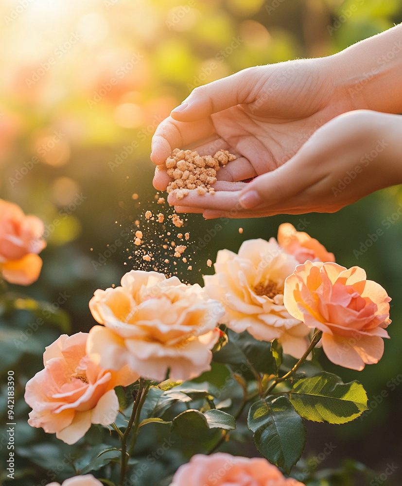 hands sprinkling organic fertilizer onto a blooming rose bush in a garden