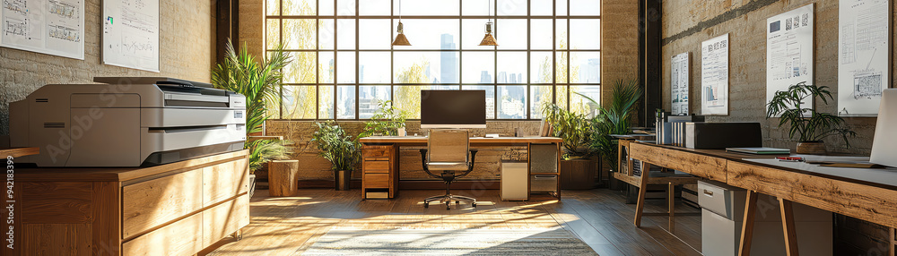 Modern open office with large format printer, wooden decor, natural light flooding in Modern open office with large format printer, wooden decor, natural light flooding in