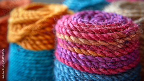 Colorful yarn spools display intricate textures in close-up. Concept of craftsmanship.