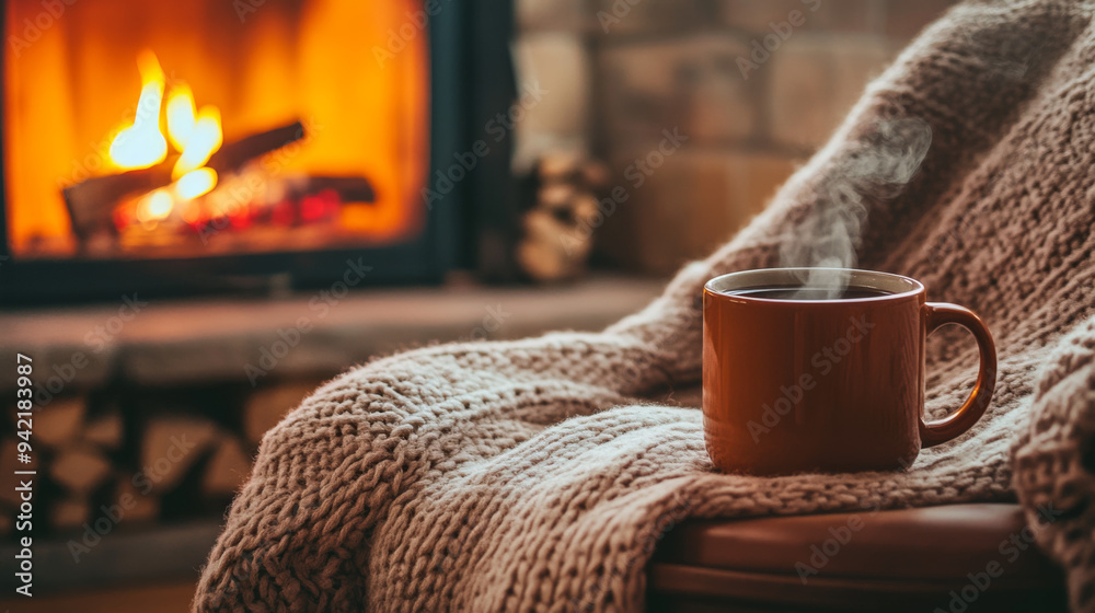 A cup of coffee is sitting on a blanket next to a fireplace