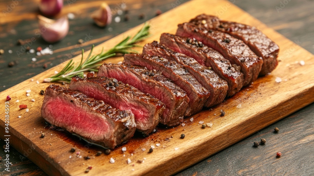 Sliced grilled striploin beef served medium-rare on a wooden board. Sliced grilled striploin beef served medium-rare on a wooden board.