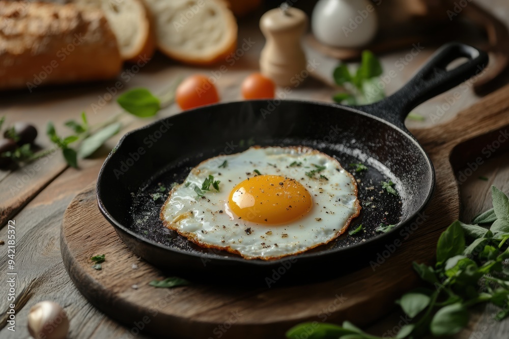 Fried egg in cast iron skillet with herbs Fried egg in cast iron skillet with herbs