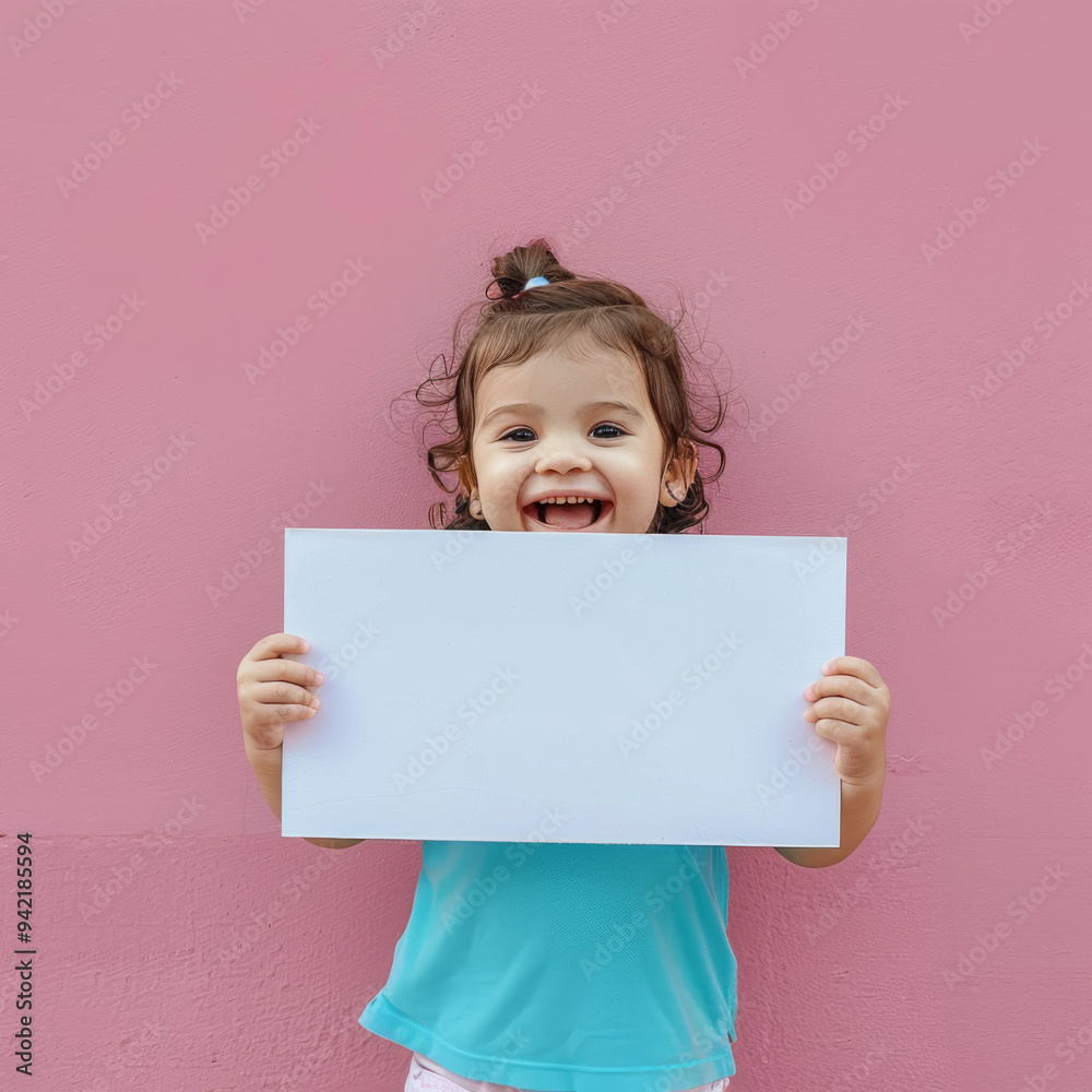 A young girl is holding a blank piece of paper and smiling A young girl is holding a blank piece of paper and smiling