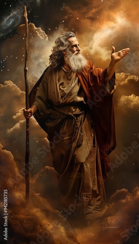 Moses summoning god with staff  realistic depiction of divine communication in heaven