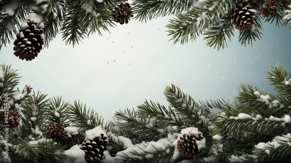 border of isolated green Christmas tree branches at the edge on transparent background with sparkling white snowflakes on white background with copy space PNG