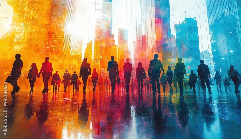 A dynamic and colorful abstract illustration of people walking, cycling, or using public transportation in city streets with buildings and skyscrapers in the background.