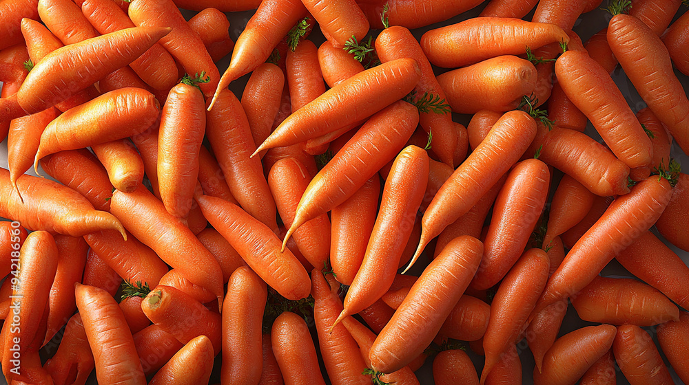 A group of carrots arranged on a tabletop with others stacked beneath them A group of carrots arranged on a tabletop with others stacked beneath them