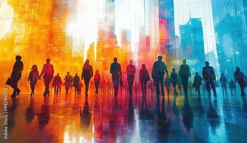 Obraz na płótnie A dynamic and colorful abstract illustration of people walking, cycling, or using public transportation in city streets with buildings and skyscrapers in the background. w salonie