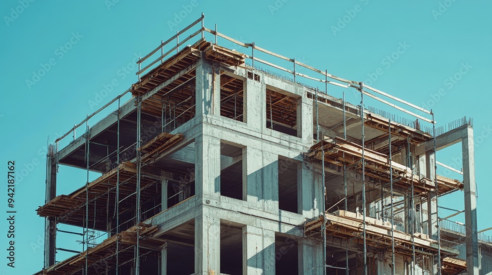 A multi-story building under construction with scaffolding and a blue sky in the background. A multi-story building under construction with scaffolding and a blue sky in the background.