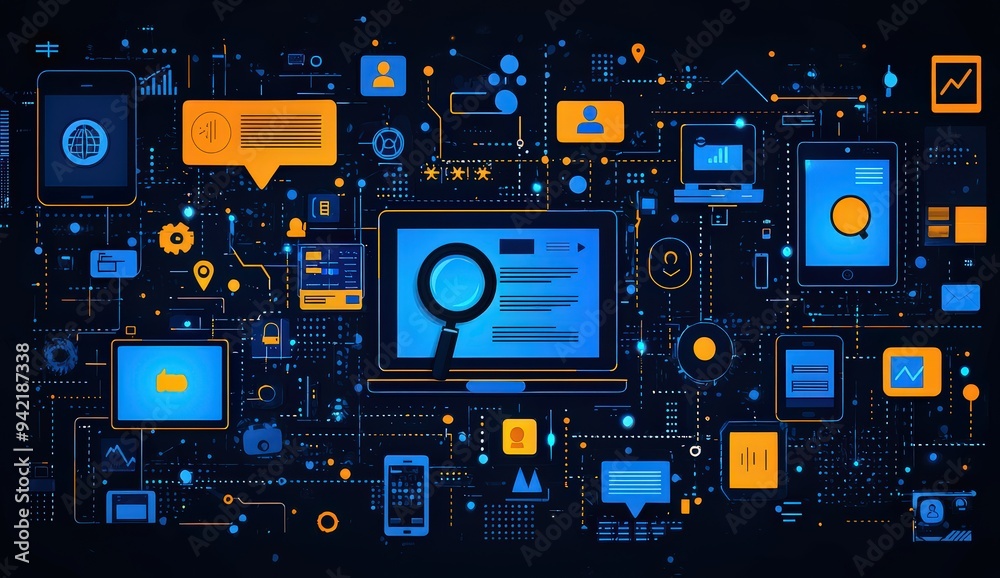 digital marketing, showing various devices like computer screens and smartphones with search engine results on the screen digital marketing, showing various devices like computer screens and smartphones with search engine results on the screen