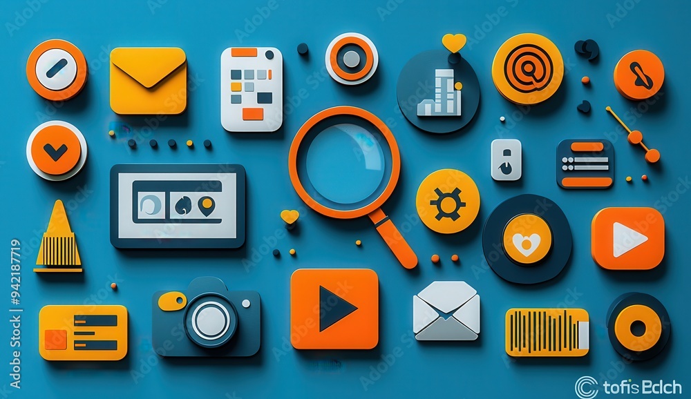 digital marketing tools such as a website, search engine optimization, and social media icons with a magnifying glass digital marketing tools such as a website, search engine optimization, and social media icons with a magnifying glass