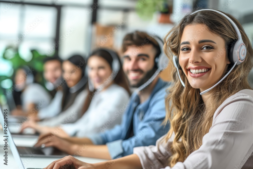Friendly customer support team working diligently in a modern call center, using headsets and computers to assist clients, showcasing teamwork and professionalism in a bustling office environment.