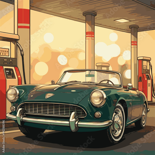 Car gas station in retro style. Classic car with gas station. EPS version.