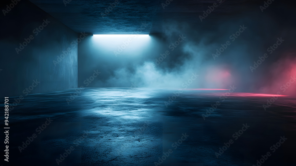 Obraz premium concrete black fog neon dark asphalt cool smoke concept wet floor lights cement street art 3D background background rendering bright environment abstract effect black empty asphalt old blue design