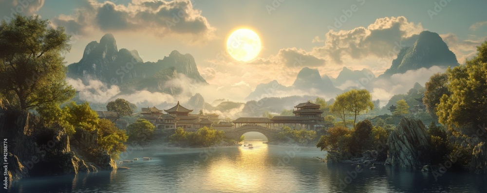 Tranquil river scene featuring a traditional Chinese arch bridge surrounded by lush landscapes and misty mountains under a serene sunlit sky.