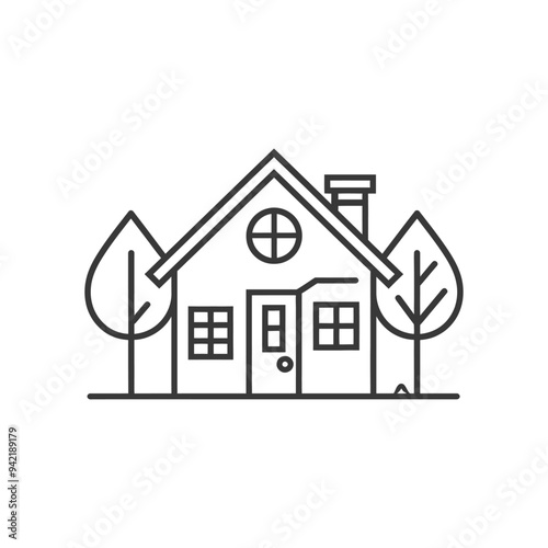 Line art illustration of a house with a chimney and two trees