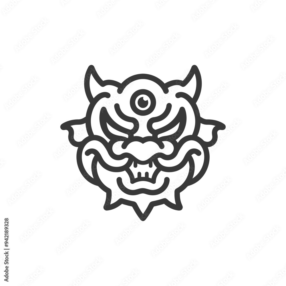 Fototapeta premium Line Art Illustration of a Japanese Oni Mask with a Third Eye