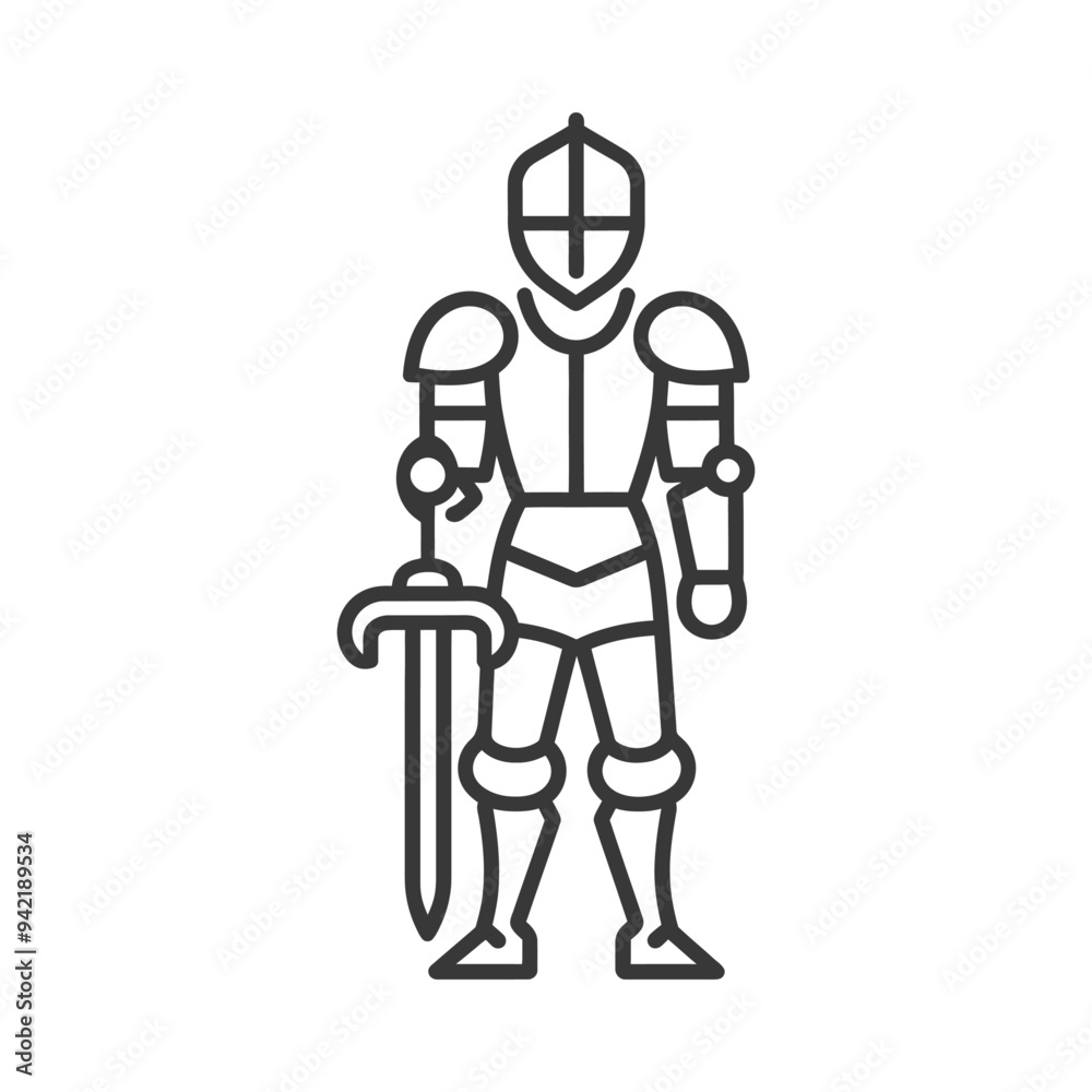 Line Art Illustration of a Knight in Full Armor Holding a Sword Line Art Illustration of a Knight in Full Armor Holding a Sword
