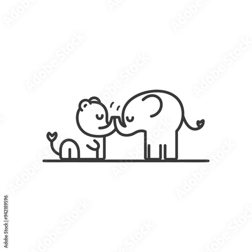 Line art illustration of a lion and elephant touching noses