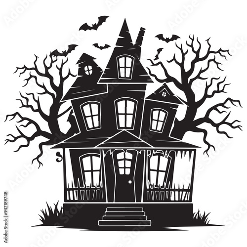Halloween haunted house castle vector illustration, Halloween background with scary pumpkins candles in the graveyard at night