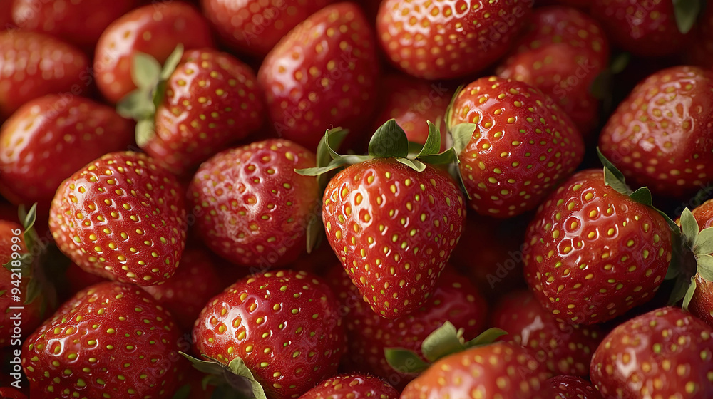A macro shot of a strawberry cluster with a verdant foliage on one of its berries A macro shot of a strawberry cluster with a verdant foliage on one of its berries