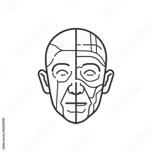 Line Art Illustration of a Mans Face Split in Half