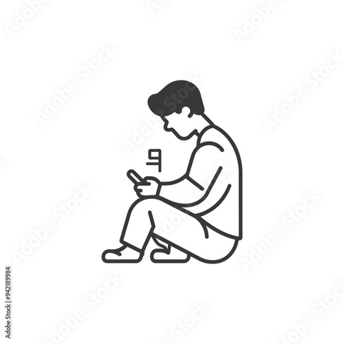 Line Art Illustration of a Man Sitting and Looking at His Phone
